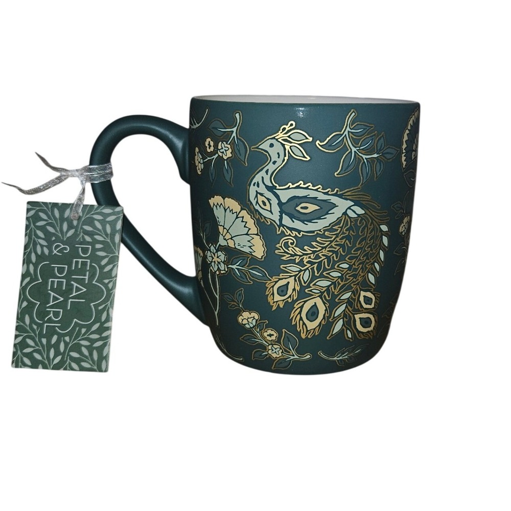 Petal & Pearl Teal Peacock Floral Ceramic Coffee Mug Gold Matte Finish New